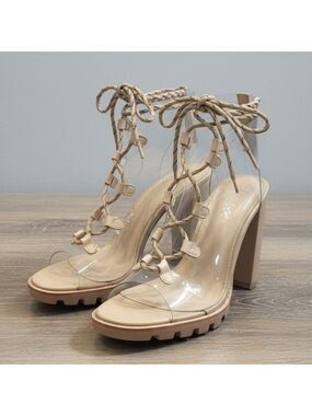 Bella Marie Beige Lace-Up Heels